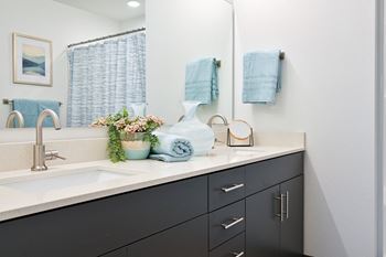 Quartz countertops and backsplash in kitchen and bath